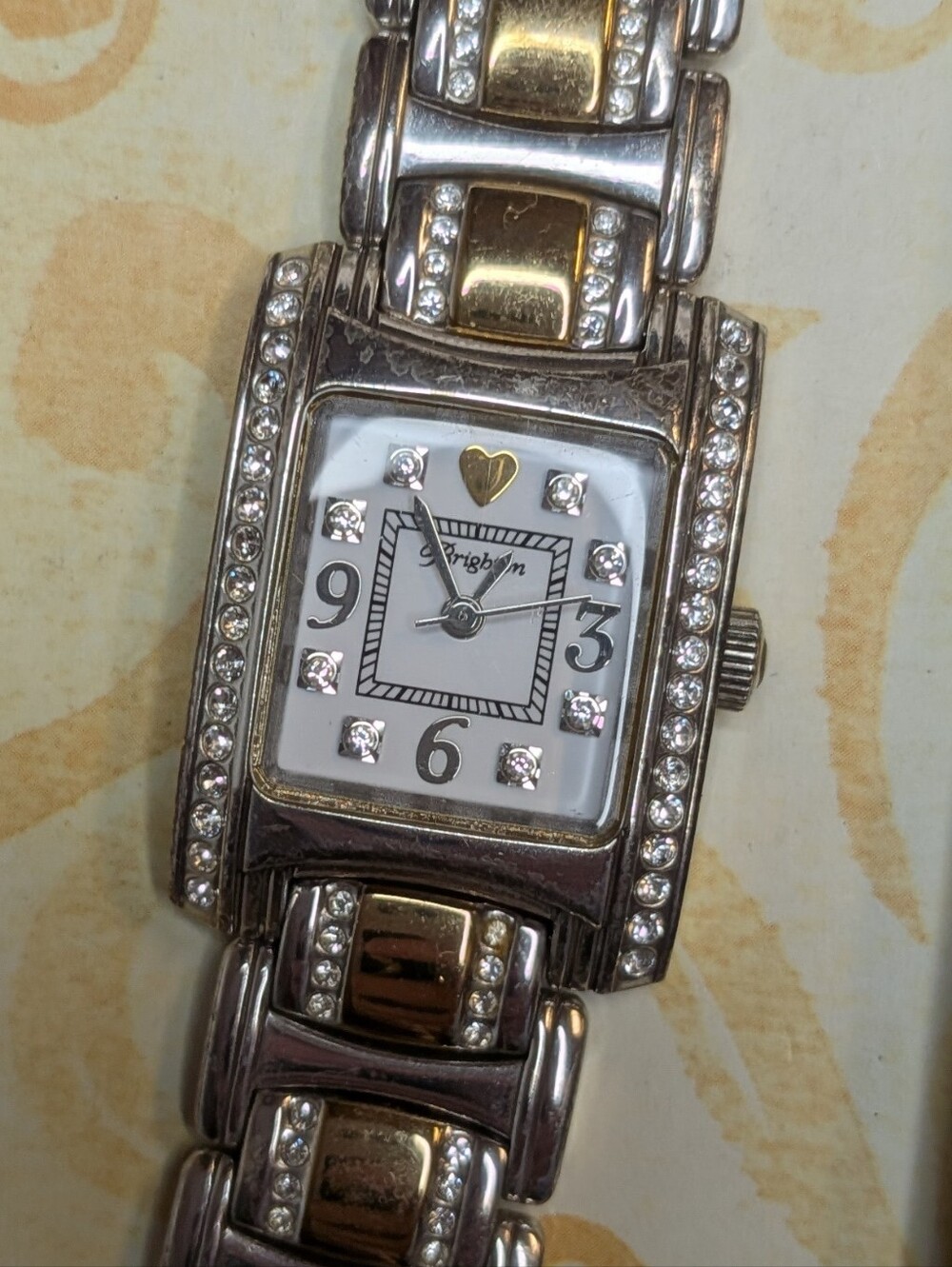 NIB Brighton Two Tone Silver Gold Crystal Rectangle Watch Link Bracelet Tin